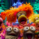 A group of brightly colored Fraggles sing together.